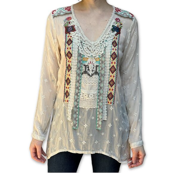 Johnny Was Tops - Johnny Was Embroidered Boho Applique Tunic Off White Sheer V-Neck Size S Small
